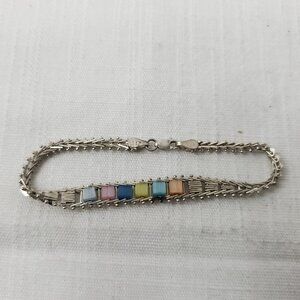 Vintage Silver 925 Pastel Multi Color Stone Flexible Bracelet